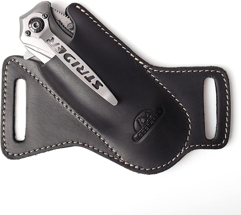 topstache Handmade Leather Pocket Knife Sheath for Belt,EDC Belt Folding Knife Sheath for Man,Cross Draw Left Side Carry Open Top Knife Sheath for 5 inch Folding Knife,Black - Image 1